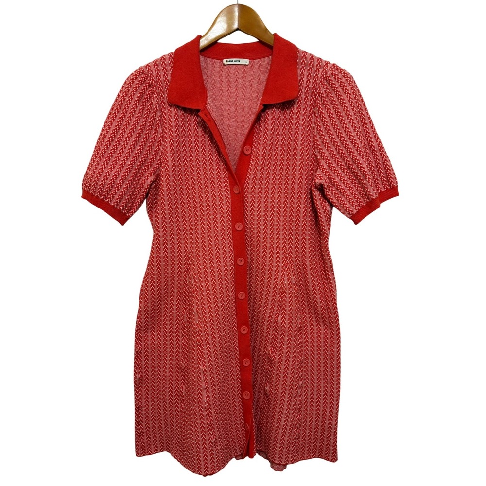 Marine Layer Women Polo Mini Dress L Red White Chevron Knit Button Front Preppy